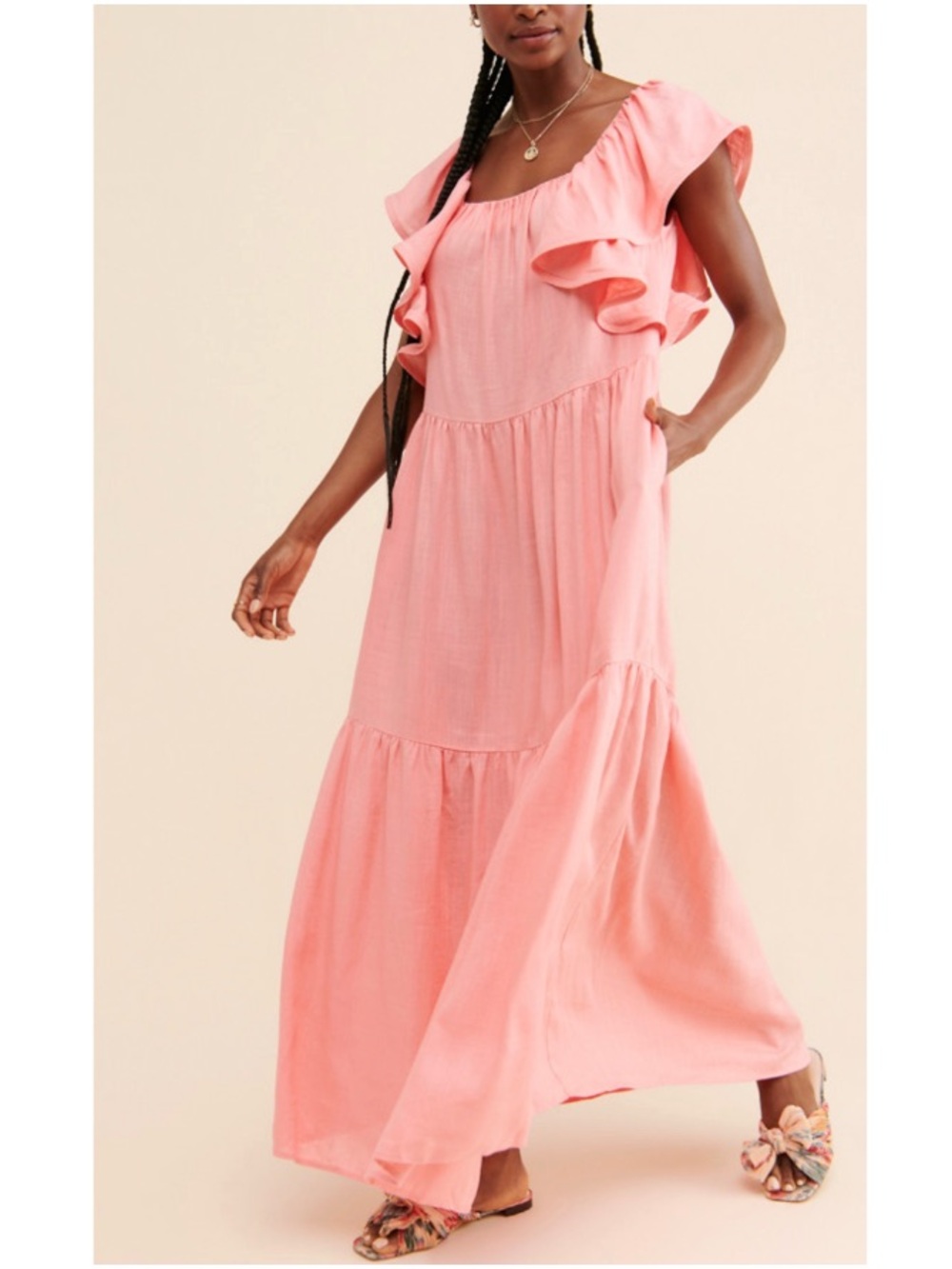 Anthropologie Elliatt Eloise Woven Ruffle Tiered Swing Maxi Dress Pink Medium